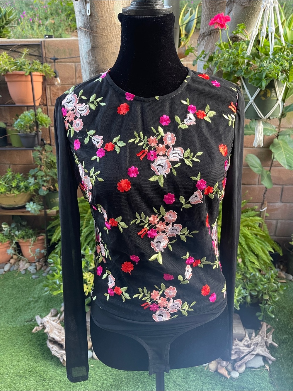 bebe Black Floral Embroidered Mesh Bodysuit